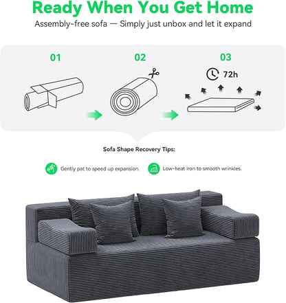 MONVANE 3-Piece Boneless Loveseat Couch Set for Living Room, Oversized Modular Sectional Sofa Set with Removable Armrests, Comfy Corduroy Cloud Couch with 12 Pillows, No Assembly Required, Grey