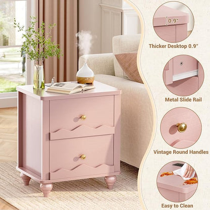 Cyclysio Pink Nightstand with Charging Station, Scalloped Bedside Table with 2 Smooth Drawers, Modern End Table with Solid Wood Legs for Bedroom and Small Spaces
