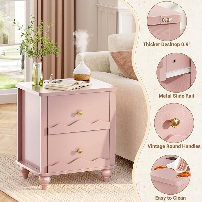 Cyclysio Pink Nightstand with Charging Station Set of 2, Scalloped Bedside Table with 2 Smooth Drawers, Modern End Table with Solid Wood Legs for Bedroom and Small Spaces