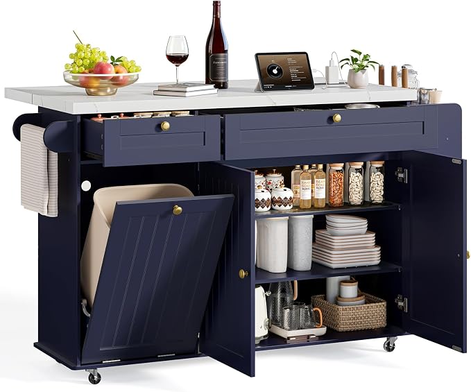 ONBRILL 60" Kitchen Island with Power Outlet & Drop Leaf, Rolling Island with Spice Rack & Towel Rack, Kitchen Island Cart with Trash Storage Cabinet, Island Table for Kitchen, Blue+Imitation Marble