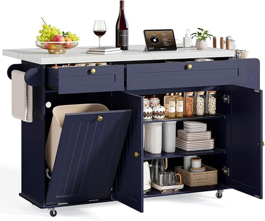 ONBRILL 60" Kitchen Island with Power Outlet & Drop Leaf, Rolling Island with Spice Rack & Towel Rack, Kitchen Island Cart with Trash Storage Cabinet, Island Table for Kitchen, Blue+Imitation Marble