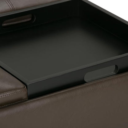 SIMPLIHOME Avalon 35 inch Wide Contemporary Square Coffee Table Storage Ottoman in Chocolate Brown Vegan Faux Leather, Assembled, For the Living Room and Bedroom