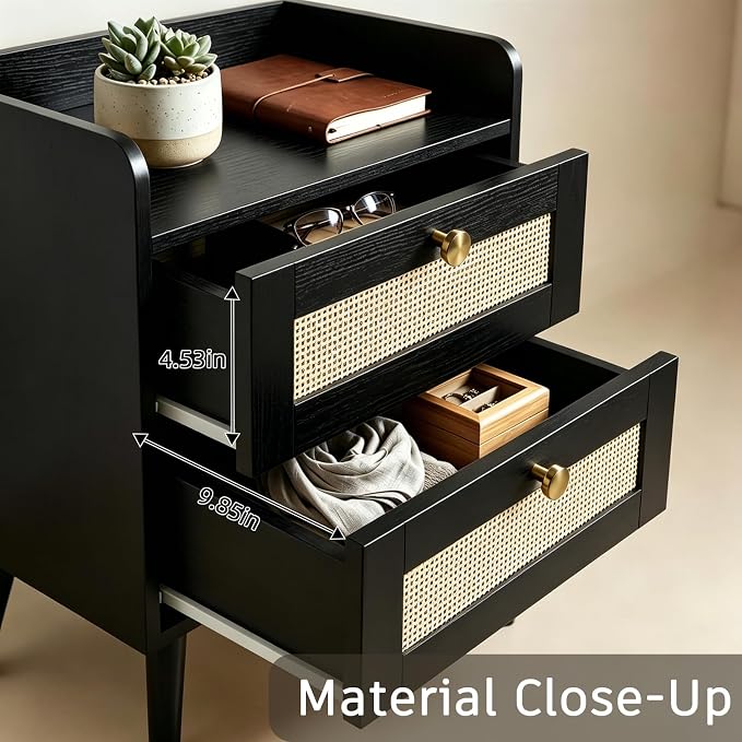 Nightstand with Charging Station, 2 Drawers, Boho Style Rattan Decor Bedside Table, Solid Wood Legs, Open Storage End Table for Bedroom, Small Spaces and Dorm, Black