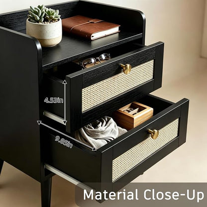 Nightstand with Charging Station, 2 Drawers, Boho Style Rattan Decor Bedside Table, Solid Wood Legs, Open Storage End Table for Bedroom, Small Spaces and Dorm, Black