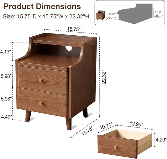 Narrow Nightstand with 2 Drawers,Walnut Nightstand,Bedside Table,Solid Wood Modern Bedside Table for Bedroom,Study,Toilet