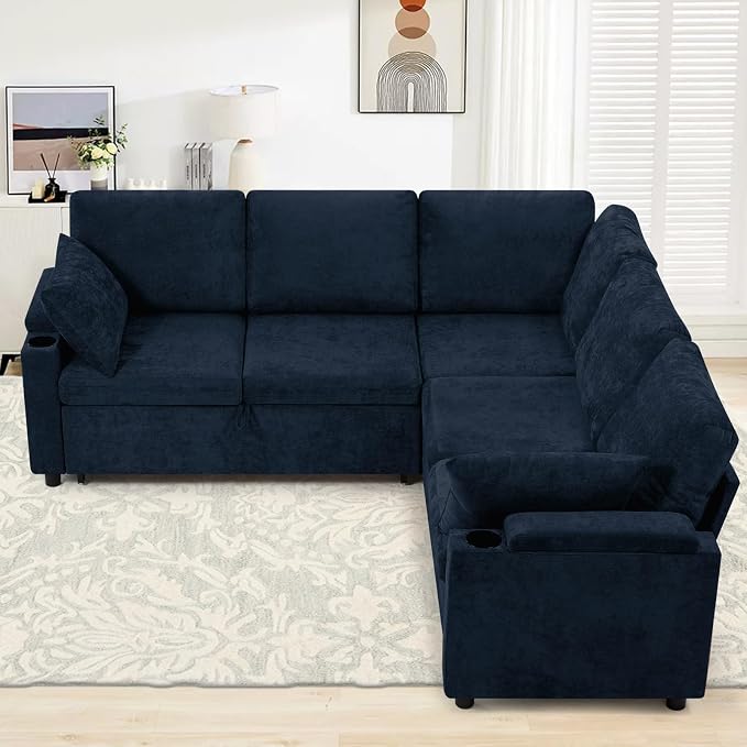 85" Chenille Sectional Sofa w/Pull Out Bed & Storage Space, Blue | Upholstery L Shaped Couch w/Cup Holders, Modern Corner Sofa w/USB Charging Port & Throw Pillow for Living Room