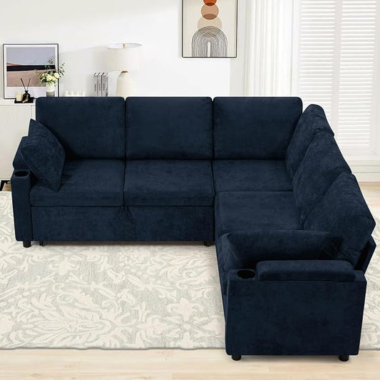85" Chenille Sectional Sofa w/Pull Out Bed & Storage Space, Blue | Upholstery L Shaped Couch w/Cup Holders, Modern Corner Sofa w/USB Charging Port & Throw Pillow for Living Room
