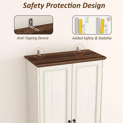 Function Home Farmhouse Kitchen Pantry Cabinet, 72" Tall Storage Cabinet with Doors and Adjustable Shelves, 6 Tier Freestanding Cupboard for Dining Room Living Room Bathroom, Antique White & Brown Top