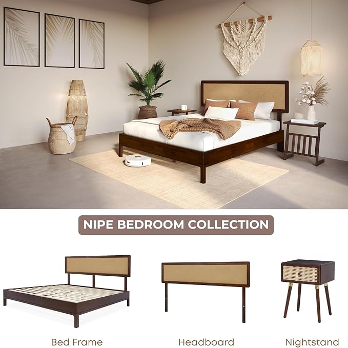 Bme Nipe King 14 Inch Bohemian Bed Frame with Adjustable Wicker Headboard - Rustic & Vintage Style with Acacia Wood - No Box Spring Needed - Easy Assembly - Walnut