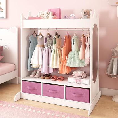 COSVALVE JOYLDIAS Kids Dress Up Storage with Mirror and Drawers, Kid Armoire Dresser, Pretend Storage Closet for Kids, Costume Wardrobe with Top Shelf for Playroom Bedroom, Lovely White