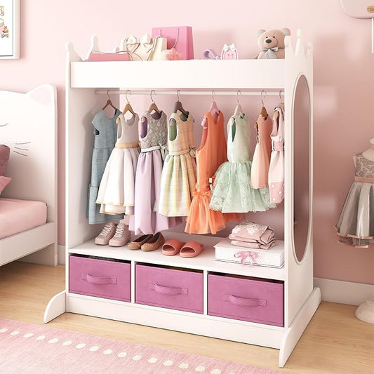 COSVALVE JOYLDIAS Kids Dress Up Storage with Mirror and Drawers, Kid Armoire Dresser, Pretend Storage Closet for Kids, Costume Wardrobe with Top Shelf for Playroom Bedroom, Lovely White