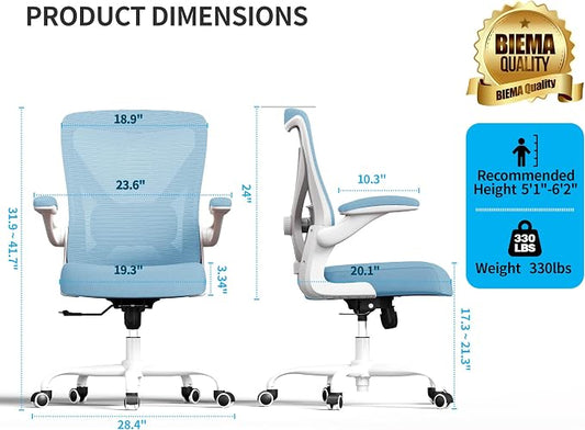 Office Chair Ergonomic Desk Chair Comfy: 330LBS Mesh Computer Chair Ergonomic Gaming Chairs with Wheels Adjustable Lumbar Support and Flip up Armrest-Swivel Executive Chairs Long Hours(Sky Blue)