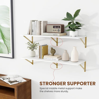 Heimlove Deep Floating Shelves for Wall, 36W x 12D Wood Wall Shelves Set of 2, Wide Floating Bookshelf for Living Room, Kitchen, Office, Bedroom and Decor Storage, with Golden Bracket - White & Gold