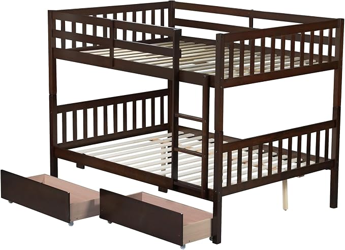 Harper & Bright Designs Full Over Full Bunk Bed with 2 Drawers, Convertible into 2 Beds, Bunk Bed with Ladder and Safety Guardrails, Espresso