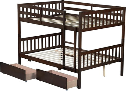 Harper & Bright Designs Full Over Full Bunk Bed with 2 Drawers, Convertible into 2 Beds, Bunk Bed with Ladder and Safety Guardrails, Espresso