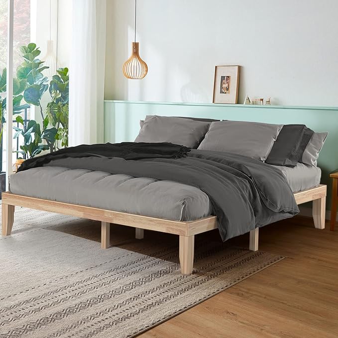 COSTWAY King Size Platform Bed Frame, 14 Inches Solid Rubber Wood Bed Mattress Foundation with Sturdy Slats Support, Easy Assembly Bed Frame for Home Hotel, No Box Spring Needed (Natural, King)