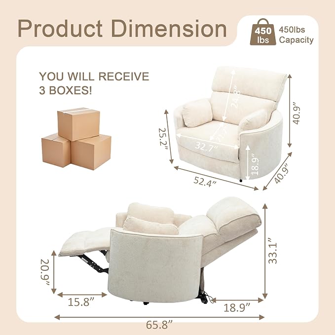 450lbs Oversized Power Recliner Chair, 53" Extra Wide Electric Recliner for Big and Tall Adults, Single Sofa with USB & Type-C Ports, Pillows, Chair for Living Room, Bedroom, Office (White)
