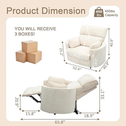 450lbs Oversized Power Recliner Chair, 53" Extra Wide Electric Recliner for Big and Tall Adults, Single Sofa with USB & Type-C Ports, Pillows, Chair for Living Room, Bedroom, Office (White)