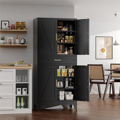 71" Tall Farmhouse Pantry Cabinet,Metal Cabinet with Doors and Shelves,Storage Cabinet for Kitchen Garage,Black 1 Pack