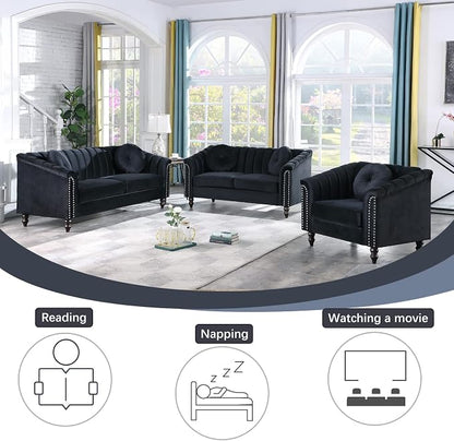 Sectional Sofa Set, Microfiber Chesterfield Upholstered Sofas Loveseat Couch Chair Sets with Style Button Tufted, Scroll Arms and Nailhead for Living Room, Office, Apartment-Black,3PCS