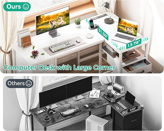 Coleshome L Shaped Computer Desk with 6 Fabric Drawers & Power Outlet, 55 Inch Corner Desk with Reversible Storage Shelf & File Drawer, Home Office Desk, White
