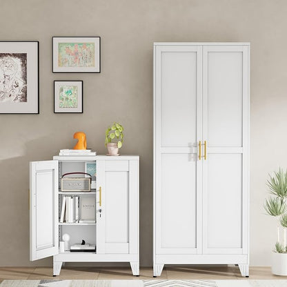 White Metal Storage Cabinet, 36" Tall Locking Storage Cabinet, 12”D | with 2 Adjustable Shelves, Steel Locker Organizer, Metal Freestanding Buffet Cupboards Sideboard for Office, Home, School,2PS