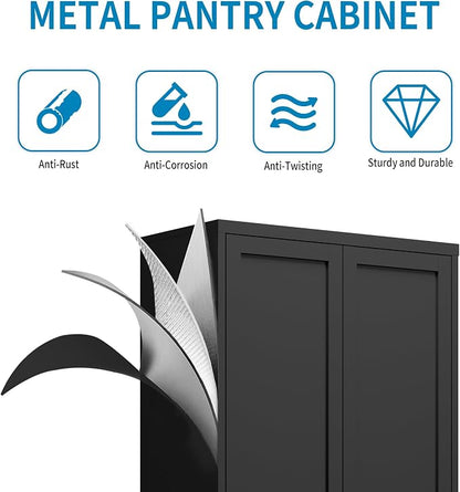 72" H Black Metal Kicthen Pantry Storage Cabinet 6-Tier Cupboard | Storage Cabinet with 5 Adjustable Shelves, Living Room, Garage, Heavy Duty Freestanding Utility Cabinet, Assembly Require