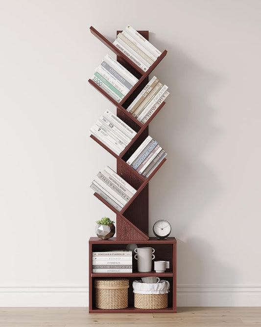 SUNMORY 6 Tier Tree Bookshelf, Tall Bookcase with Storage Cabinet, Modern Narrow Bookshelves Organizer, Floor Standing Book Shelf for Bedroom/Living Room/Home Office/Corner, Cherry