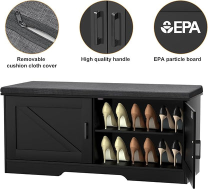 HOMSHO Farmhouse Shoe Storage Bench with 2 Barn Doors & Padded Seat Cushion | 39.4" Wide Entryway Bench with Adjustable Shelves & Hidden Storage, Black