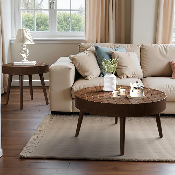 SUNBURY Coffee Table Set, Morden Round Coffee Table Set of 2, 18" Farmhouse Living Room Nesting Tables, Livingroom Table Set