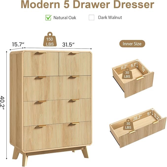 QUW Fluted 5 Drawers Dresser for Bedroom, Modern 40.2" Tall Drawer Dressers with Metal Handle, Wooden Chest of Dresser for Living Room, Hallway, Solid Wood Legs, Curved Profile Design, Natural Oak