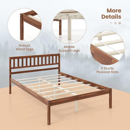 Giantex Wood Full Size Bed Frame with Headboard, Mid Century Solid Wood Bed with Slat Support, No Box Spring Needed, Double Bed Frame with 16" Under Bed Storage, Walnut