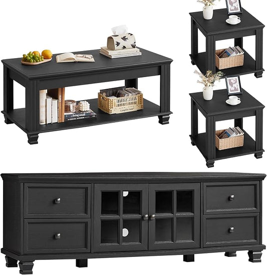 SAVOR LIFE Farmhouse TV Stand and Coffee Table Set 4, Rustic Wood Living Room Table Set with TV Console, Center Table, End Table Set of 2 for Living Room, Black