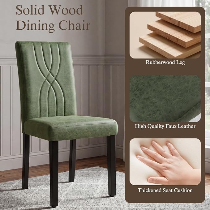 LSSBOUGHT Modern Dining Chair Set of 6,Urban Style Fabric Kicthen Chairs with Solid Wood Legs for Dining Room and Restaurant (Green-Quilted backrest)