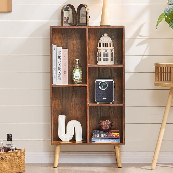 LEYAOYAO 5 Cube Small Bookshelf,3 Tier Mid-Century Bookcase with Legs,Wood Bookshelves Storage Organizer Shelf,Narrow Book Shelves,Brown Bookcases