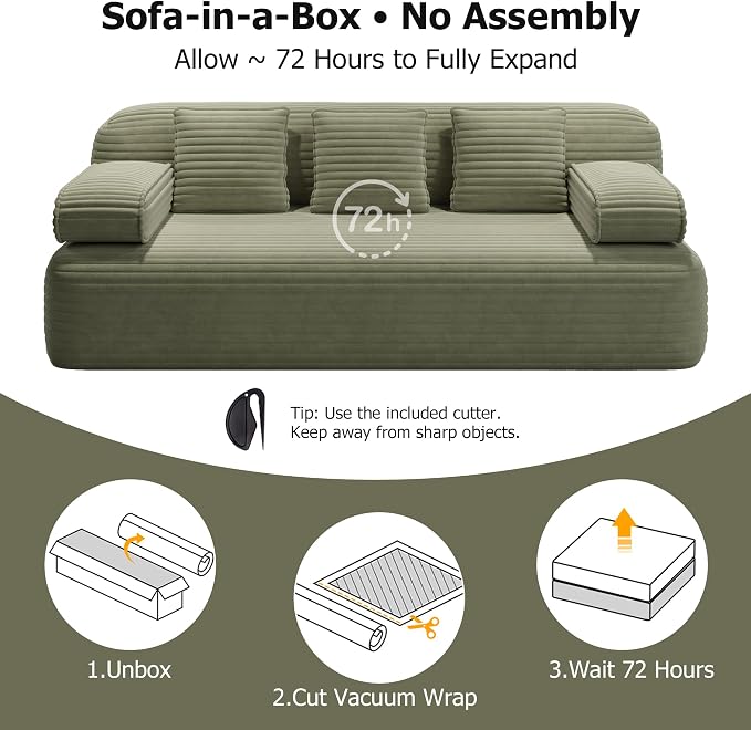 78.7" Queen Sofa Bed, Corduroy Boneless Couch in a Box, No Assembly | 30.7" extra-deep seat converts to a 78.7" x 60" queen sleeper with 3 pillows, no assembly, ideal for small spaces, Green