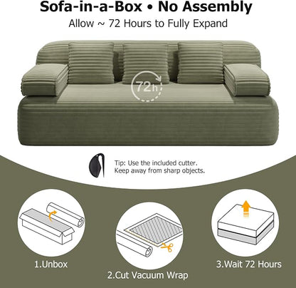 78.7" Queen Sofa Bed, Corduroy Boneless Couch in a Box, No Assembly | 30.7" extra-deep seat converts to a 78.7" x 60" queen sleeper with 3 pillows, no assembly, ideal for small spaces, Green