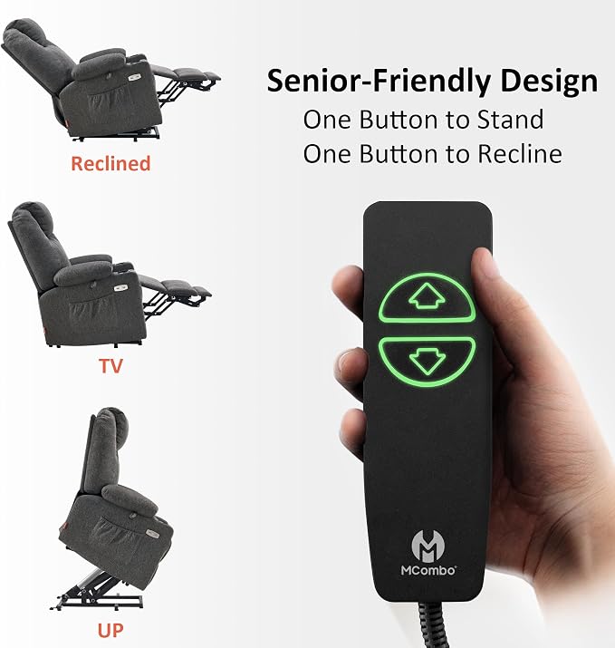 MCombo Power Lift Recliner Chair for Elderly, Lift Chair with Heat and Massage, FSC Certified, USB&Type C Ports, Cup Holders, Fabric 7040 (Medium, Gray)