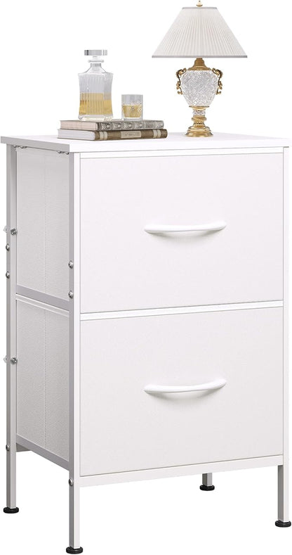 WLIVE White Night Stand, Small Dresser with 2 Drawers & Wooden Top, Nightstand with Fabric Bins, Bedside Table End Table for Bedroom, Closet, Entryway, College Dorm, White