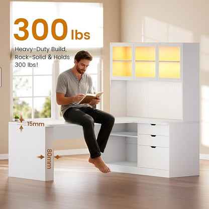 SEDETA L Shaped Computer Desk, L Shaped Corner Gaming Desk with 3 Wood Drawer and Large Bookshelf, Home Office Desk with LED Light, Display Cabinet and Pegboard, 27.5" W Large Desktop Table, White