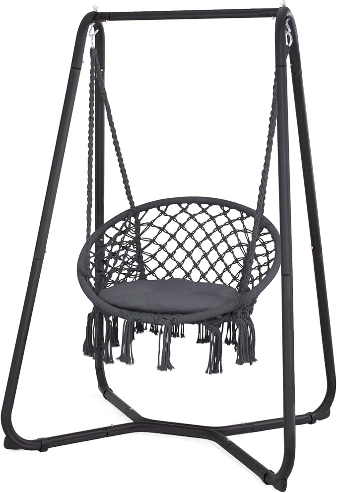 SUNCREAT Hammock Chair with Stand Included, Heavy Duty Hanging Chair with Stand, 330 lbs Capacity, Patent Pending, Grey