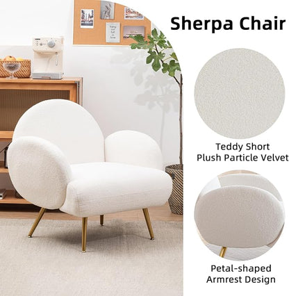 Accent Chair White with Golden Metal Legs,Reading Chair for Bedroom Comfy, Boucle Sherpa Chair for Living Room, Bedroom