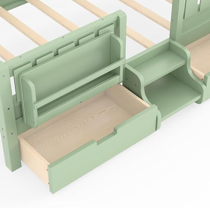 Bellemave Twin Montessori Bed with Stairs, Rails and Slats, Twin Size Montessori Floor Bed with Bookshelf and 2 Storage Drawers, Easy Assemble Beds Frame for Girls, Boys, Avocado Green