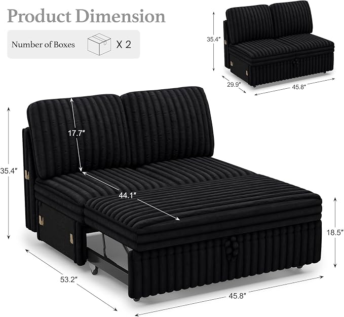 Belffin Corduroy Sleeper Sofa with Pull Out Bed Module Loveseat with Pullout Bed for Sectional Sofa Couch Black Couch