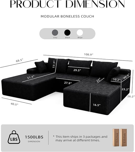 Lifelink 108" Boneless Couch U-Shaped - Modular Sectional Couches for Living Room Cloud Sofa with Deep Seat High Back Removable Ottoman No Assembly Required