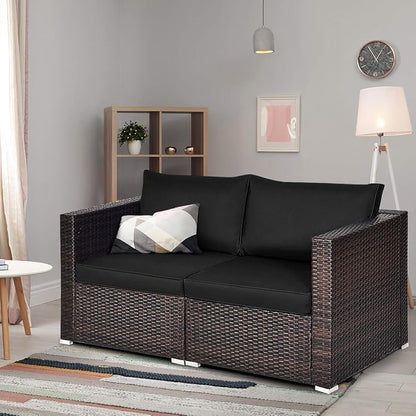 Tangkula 2 Seat Outdoor Wicker Loveseat Sofa Set, Modular PE Rattan 2 Pieces Outdoor Wicker Corner Sofa, Outside Furniture Set for Deck, Backyard, Porch, Garden & Poolside, Black
