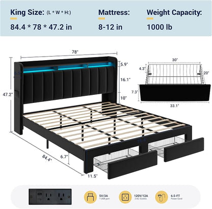 Allewie King Size Bed Frame with 2-Tier LED Storage Headboard, Velvet Upholstered King Platform Bed with 2 Storage Drawers, USB & Type-C Charging Ports, Noise-Free/No Box Spring Needed, Black