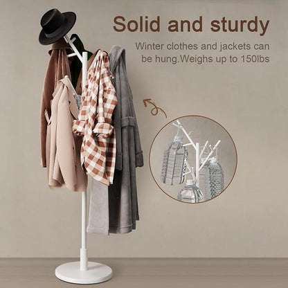 Muwuele Coat Rack, Solid Wood Coat Rack Freestanding with 12 Hooks, Coat tree freestanding 3 Adjustable Heights for coat, Hats, Handbags，Coat Stand for Entryway,Bedroom (White)