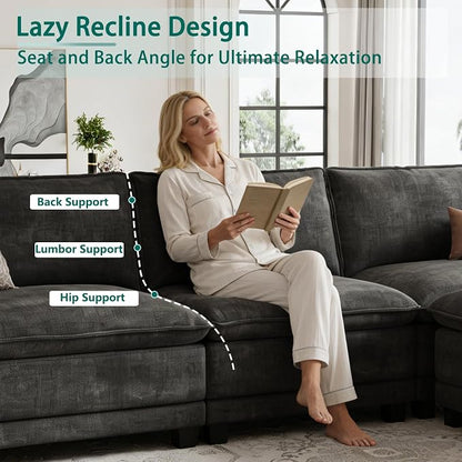 Modern L Shaped Sofa Couches for Living Room, Modular Sectional Cloud Couch with Movable Ottoman, Comfy Chenille Sofa for Apartment and Small Space, Black