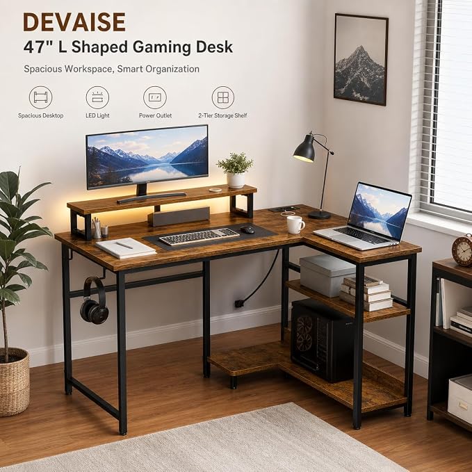 DEVAISE 47 Inch L Shaped Gaming Desk with LED Lights & Power Outlets, Corner Desk for Small Spaces, Sturdy PC Computer Table with Storage for Home Office, Rustic Brown